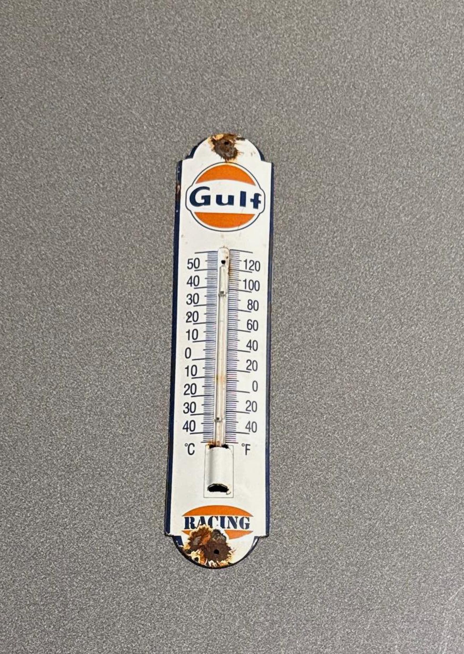 VINTAGE 12” GULF GASOLINE Thermometer Porcelain Sign Car Oil Gas Truck ...