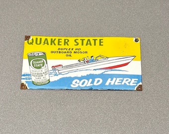 VINTAGE 13” QUAKER STATE Boat Porcelain Sign Gas Oil Car