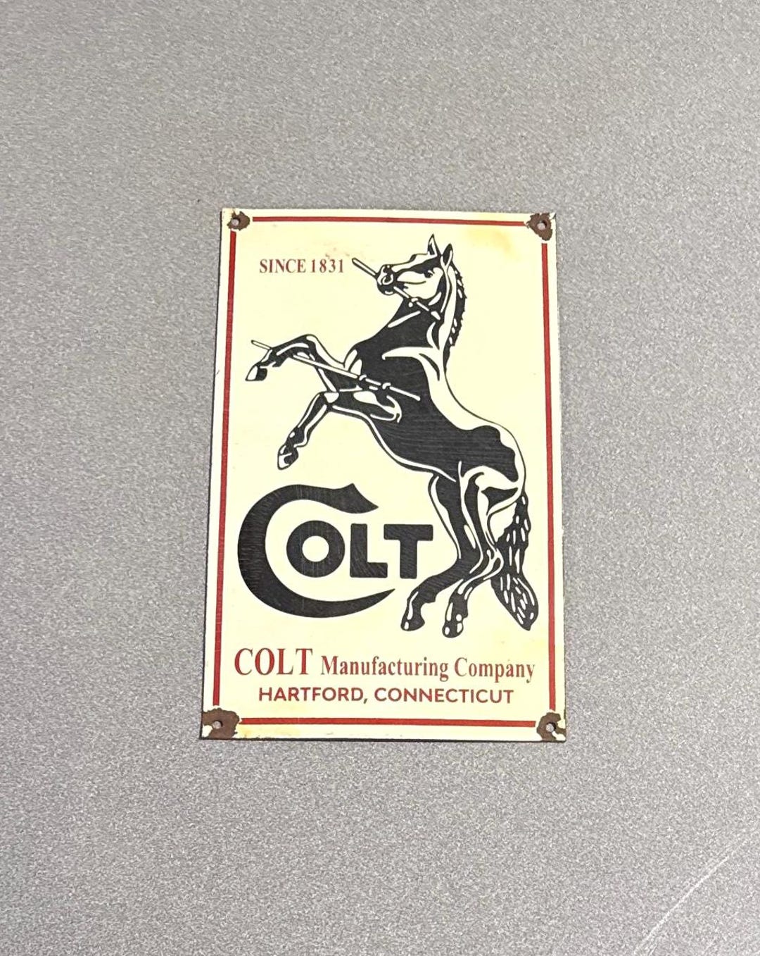 VINTAGE 12” COLT FIREARMS Gun Hunt Porcelain Sign Car Oil Gas Truck ...