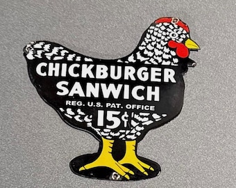 VINTAGE CHICKENBURGER CHICKEN Sandwich Porcelain Sign Car Oil Gas Truck Motorcycle