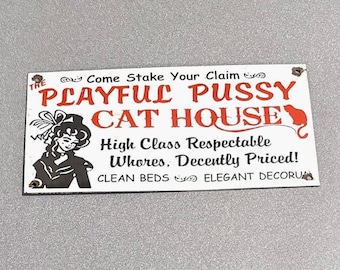 Letrero de porcelana vintage de 12” con diseño de casa para gatos con gatitos juguetones: aceite, coche, camión, motocicleta, gasolina.