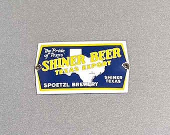 Letrero de porcelana vintage de la cerveza Shiner de Texas para coche, camión, gasolina, aceite y motocicleta.