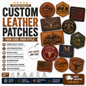 May include: A collection of custom leather patches in various shapes and sizes, featuring laser-engraved designs including mountains, American flags, animal skulls, and text. The image includes promotional text such as CUSTOM LEATHER PATCHES.