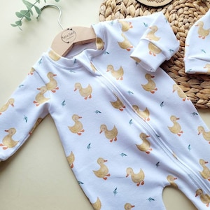 Zip Duckling Baby Sleepsuit, Duck Baby Gift Set, Neutral Muslin Bib, Neutral Baby Outfit, New Baby Gift Set, Farm Baby Babygrow Vest