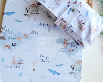 World Map Nappy Wallet, Animal Nappy Wallet, Baby Changing set, Wet bag, Neutral nappy wallet wet bag, Newborn wet bag, baby changing mat