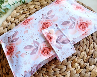 Rose Nappy Wallet, Peach Floral Nappy Wallet, Baby Changing set, Wet bag, Girly nappy wallet wet bag, Newborn wet bag, baby changing mat