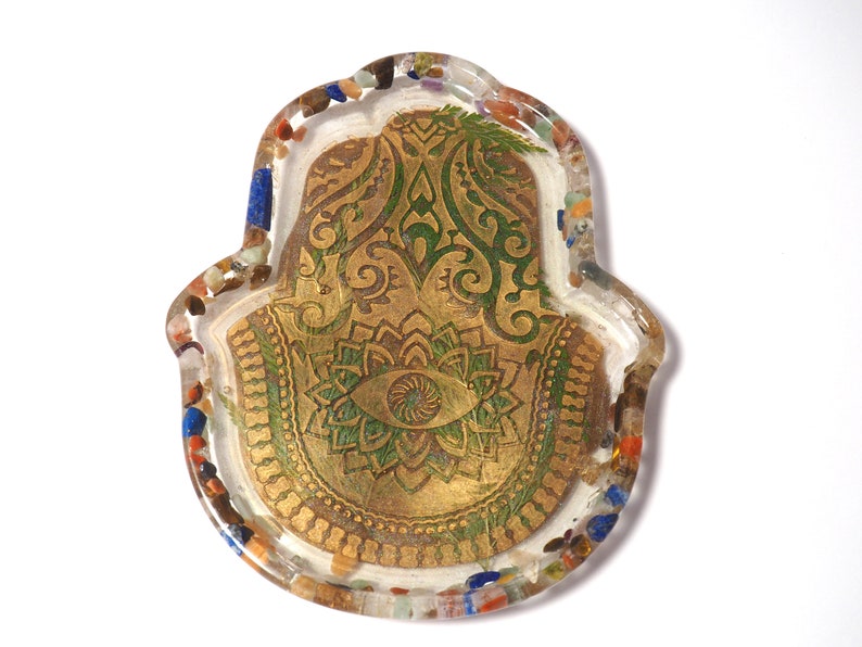 HAMSA HAND trinket ring soap dish jewelry jewellery tray fatima preserved pressed floral epoxy resin art boho decor botanical spiritual