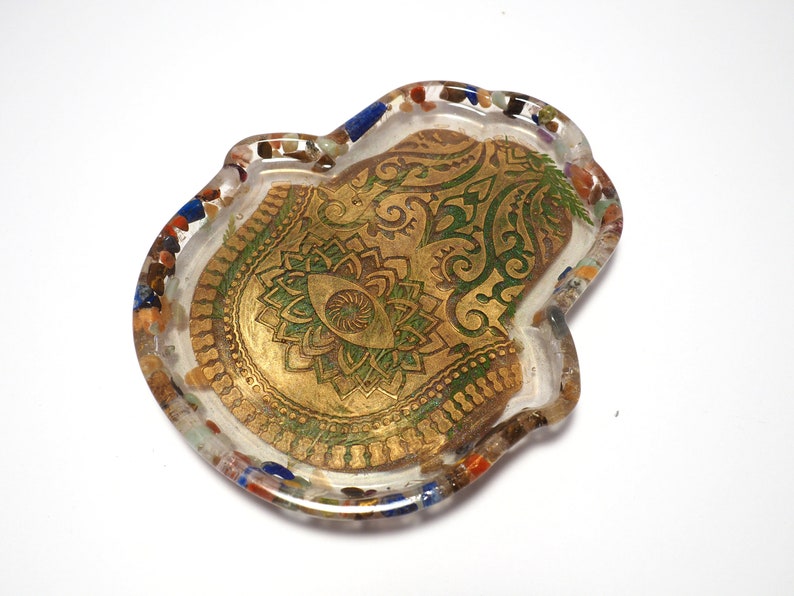 HAMSA HAND trinket ring soap dish jewelry jewellery tray fatima preserved pressed floral epoxy resin art boho decor botanical spiritual