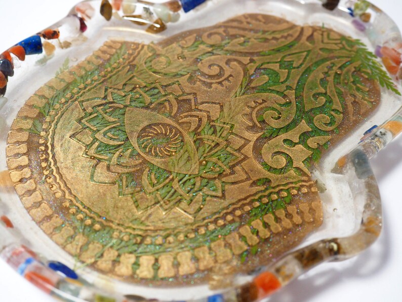 HAMSA HAND trinket ring soap dish jewelry jewellery tray fatima preserved pressed floral epoxy resin art boho decor botanical spiritual