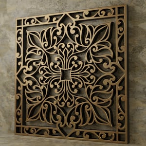May include: A square laser-cut panel with an intricate floral design. The panel is framed and has a gold finish, with a dark background. The text "LASER CUT PANEL" and "LASER CUT VECTOR TEMPLATE" are visible. The Etsy shop URL is also included.