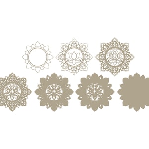 K&ouml;nnte beinhalten: Satz von sechs dekorativen Mandala-Designs in hellbrauner Farbe. Die Mandalas weisen komplizierte Muster auf und einige enthalten eine Lotusblume in der Mitte.