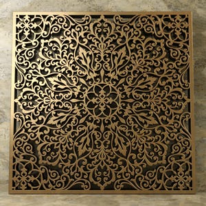 May include: A square laser-cut panel with an intricate floral design in gold. The panel features a repeating pattern of swirling leaves and vines. The text "LASER CUT PANEL" and "LASER CUT VECTOR TEMPLATE" are displayed. The panel is a digital template.