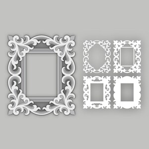 May include: A digital vector frame design in shades of gray and white. The image features several ornate frame designs, including a large rectangular frame and smaller oval and square frames. Text at the top reads "SVG, EPS, DXF, DWG, CDR, AI, PDF" and "VECTOR FRAME DESIGN".