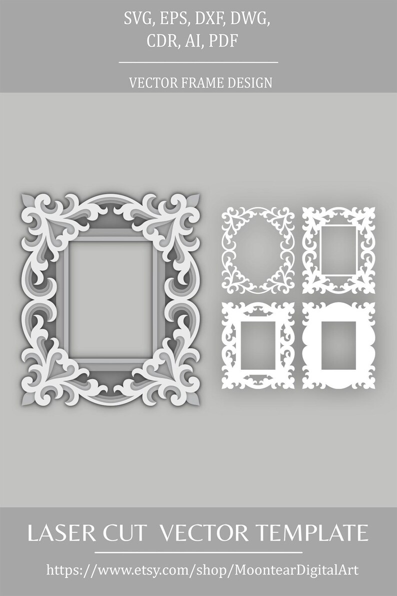 May include: A digital vector frame design in shades of gray and white. The image features several ornate frame designs, including a large rectangular frame and smaller oval and square frames. Text at the top reads "SVG, EPS, DXF, DWG, CDR, AI, PDF" and "VECTOR FRAME DESIGN".