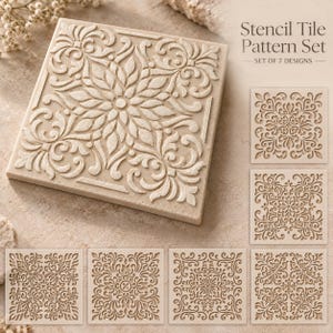 May include: A set of seven square stencil tiles featuring intricate floral and scrollwork patterns in a light beige color. The text Stencil Tile Pattern Set and SET OF 7 DESIGNS is printed in the upper right corner of the image.