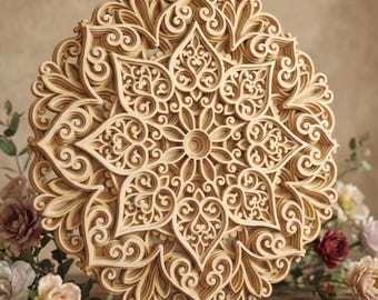 Laser Cut Mandala Flower SVG Template: Multilayer 3D Layered Vector File