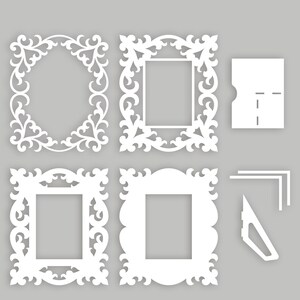 May include: White laser cut vector frame designs in various shapes, including oval, square, and scalloped edges. The image includes the text "SVG, EPS, DXF, DWG, CDR, AI, PDF" and "VECTOR FRAME DESIGN" and "LASER CUT VECTOR TEMPLATE".