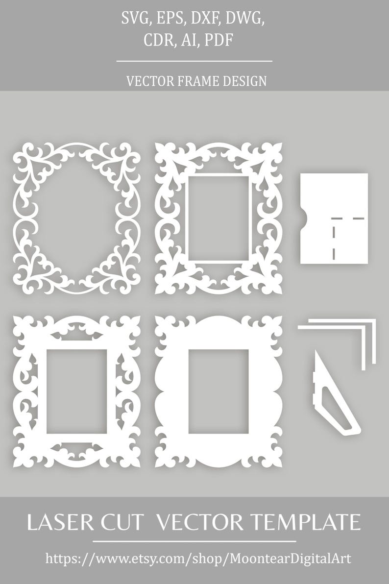 May include: White laser cut vector frame designs in various shapes, including oval, square, and scalloped edges. The image includes the text "SVG, EPS, DXF, DWG, CDR, AI, PDF" and "VECTOR FRAME DESIGN" and "LASER CUT VECTOR TEMPLATE".