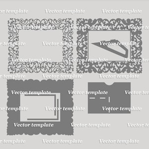 Pu&ograve; includere: Un modello di design digitale con quattro design di cornici vettoriali grigie. Il testo in alto recita "SVG, EPS, DXF, DWG, CDR, AI, PDF" e "VECTOR FRAME DESIGN". Il testo in basso recita "LASER CUT VECTOR TEMPLATE".