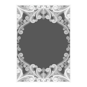 May include: A white decorative frame with a grey background. The frame is made of intricate swirls and curls.