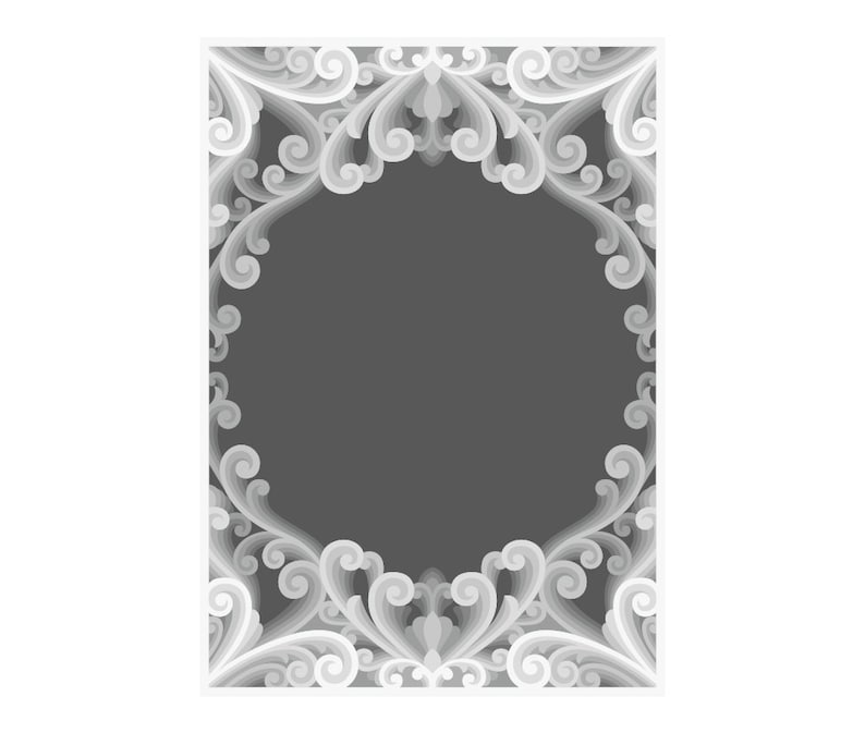May include: A white decorative frame with a grey background. The frame is made of intricate swirls and curls.