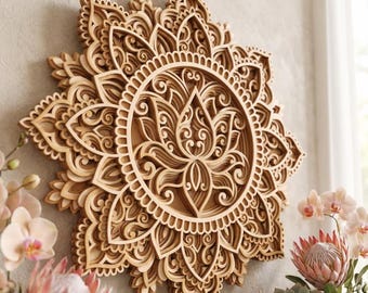 Laser cut Lotus Mandala Multilayer SVG template - Lotus flower 3D Layered Vector cutting file for, Cricut, Glowforge, dxf, ai, eps, dwg, cdr