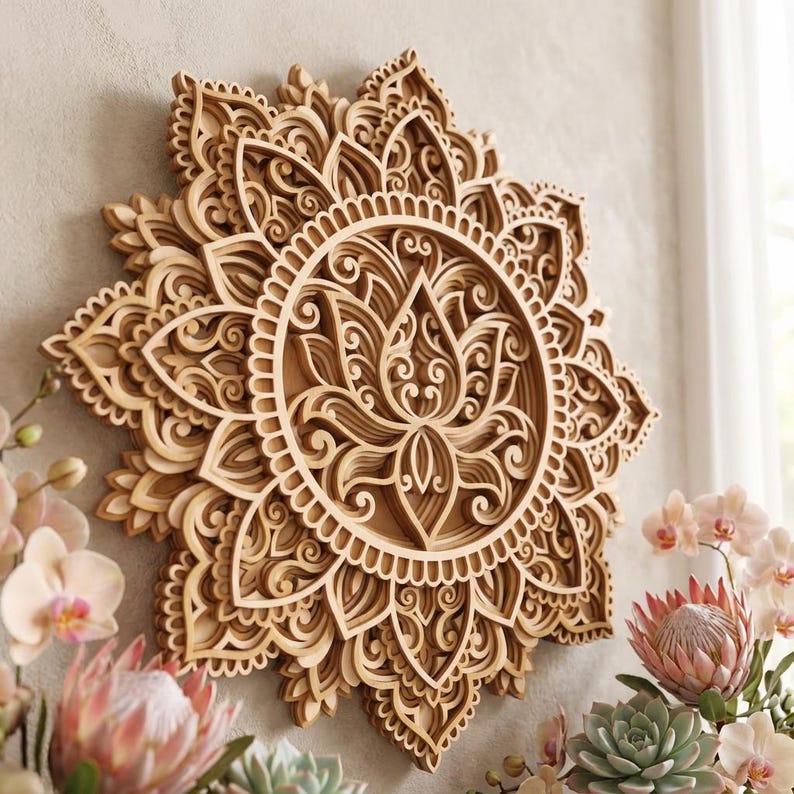 Laser cut Lotus Mandala Multilayer SVG template - Lotus flower 3D Layered Vector cutting file for, Cricut, Glowforge, dxf, ai, eps, dwg, cdr Bild 1