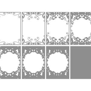 May include: Set of eight grey decorative frames with intricate floral designs. The frames are ideal for adding a touch of elegance to any project.