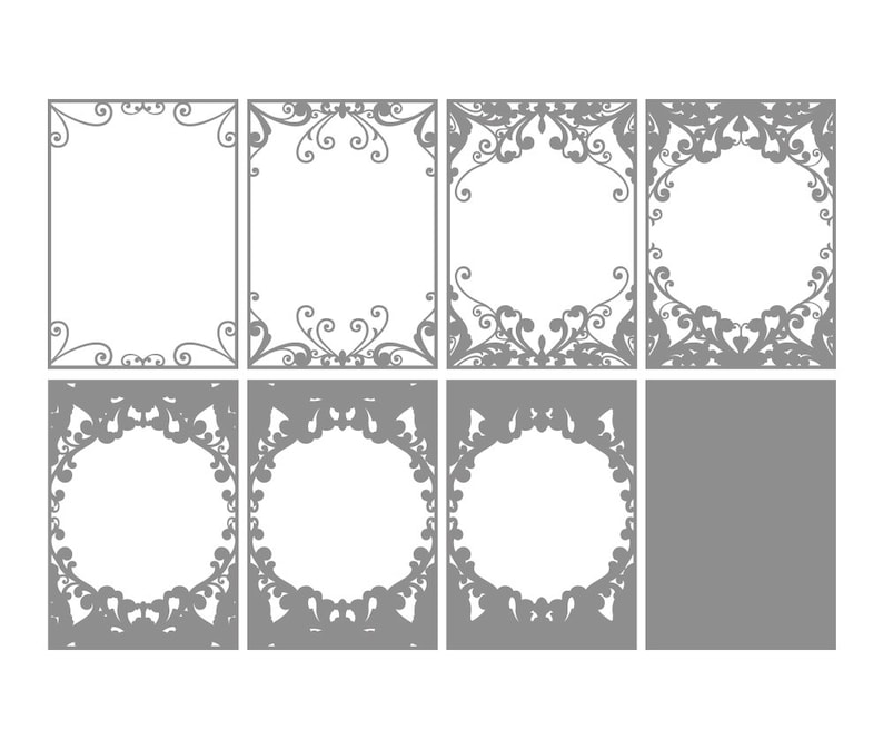 May include: Set of eight grey decorative frames with intricate floral designs. The frames are ideal for adding a touch of elegance to any project.