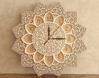 Multilayer Mandala clock SVG template - Laser cut clock - Layered wall decor - Ornate Vector clock making template  - dxf, ai, eps