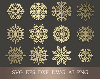Könnte beinhalten: Zwölf verzierte, goldfarbene Schneeflocken-Designs mit aufwendigen, symmetrischen Mustern auf einem dunkelgrauen Hintergrund. Der Text "SVG EPS DXF DWG AI PNG" am unteren Rand zeigt Dateiformate an.