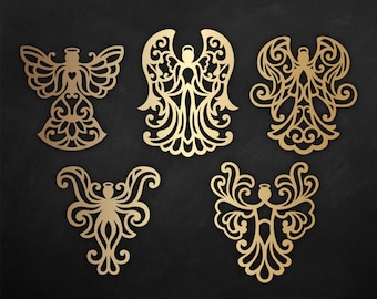 Könnte beinhalten: Fünf goldfarbene Engel-Ausschnitte mit filigranen Designs. Die Engel sind alle nach vorne gerichtet, mit ausgebreiteten Flügeln. Die Ausschnitte sind perfekt zum Basteln oder Dekorieren.