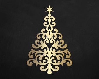 Könnte beinhalten: Ein goldfarbenes, stilisiertes Weihnachtsbaumdesign mit aufwendigen, wirbelnden Mustern und einem Stern an der Spitze. Der Baum ist vor einem dunklen Hintergrund platziert, was einen auffälligen Kontrast erzeugt. Geeignet für Weihnachtsdekorationen.