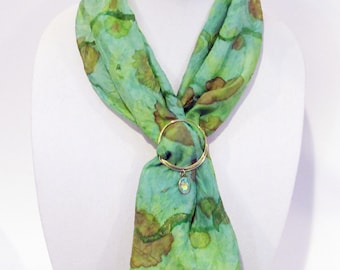 Green, Gold And Bronze Hand-Painted Silk Scarf