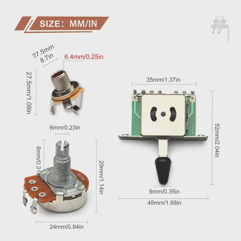 Op de afbeelding: Afbeelding van elektronische componenten, waaronder een potentiometer, een schakelaar en een jack. De componenten zijn gelabeld met afmetingen in inches en millimeters. De potentiometer heeft een diameter van 2,4 cm en de schakelaar is 5,2 cm lang.