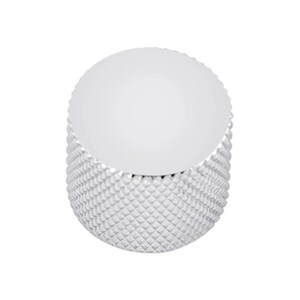 May include: A cylindrical metal knob with a smooth, flat top surface and a textured, diamond-patterned knurled side. The object features a polished silver-tone finish that reflects light, creating a bright and metallic appearance throughout the piece.