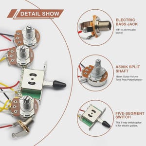 Op de afbeelding: Gedetailleerde weergave van elektrische gitaarcomponenten, waaronder een vijfsegmentenschakelaar, een A500K split-as potentiometer en een elektrische basjack. De afbeelding benadrukt de 6,35 mm jack-aansluiting en 18 mm gitaarvolume toonpotentiometer.