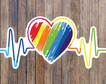 Pegatina de orgullo con latidos del corazón arcoíris: calcomanía LGBTQ para portátil
