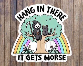 Sticker Hang In There Grim Reaper Cat: laptopsticker sarcastische humor