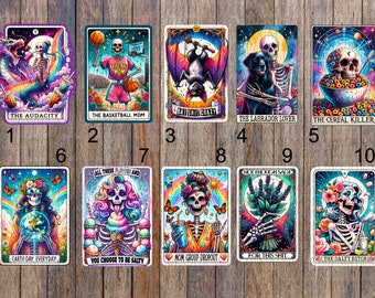 May include: Ten colorful cards with a skeleton theme. Each card features a different design with a skeleton, including a skeleton playing basketball, a skeleton with a bat, a skeleton with a dog, a skeleton with a bowl of cereal, a skeleton holding a globe, a skeleton with ice cream, a skeleton with a drink, a skeleton with lavender, and a skeleton with flowers. The cards have a variety of colors, including pink, blue, green, yellow, and purple.
