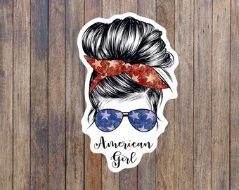 American Girl Patriotic Messy Bun Skull Sticker - Laptop, Water Bottle Decal
