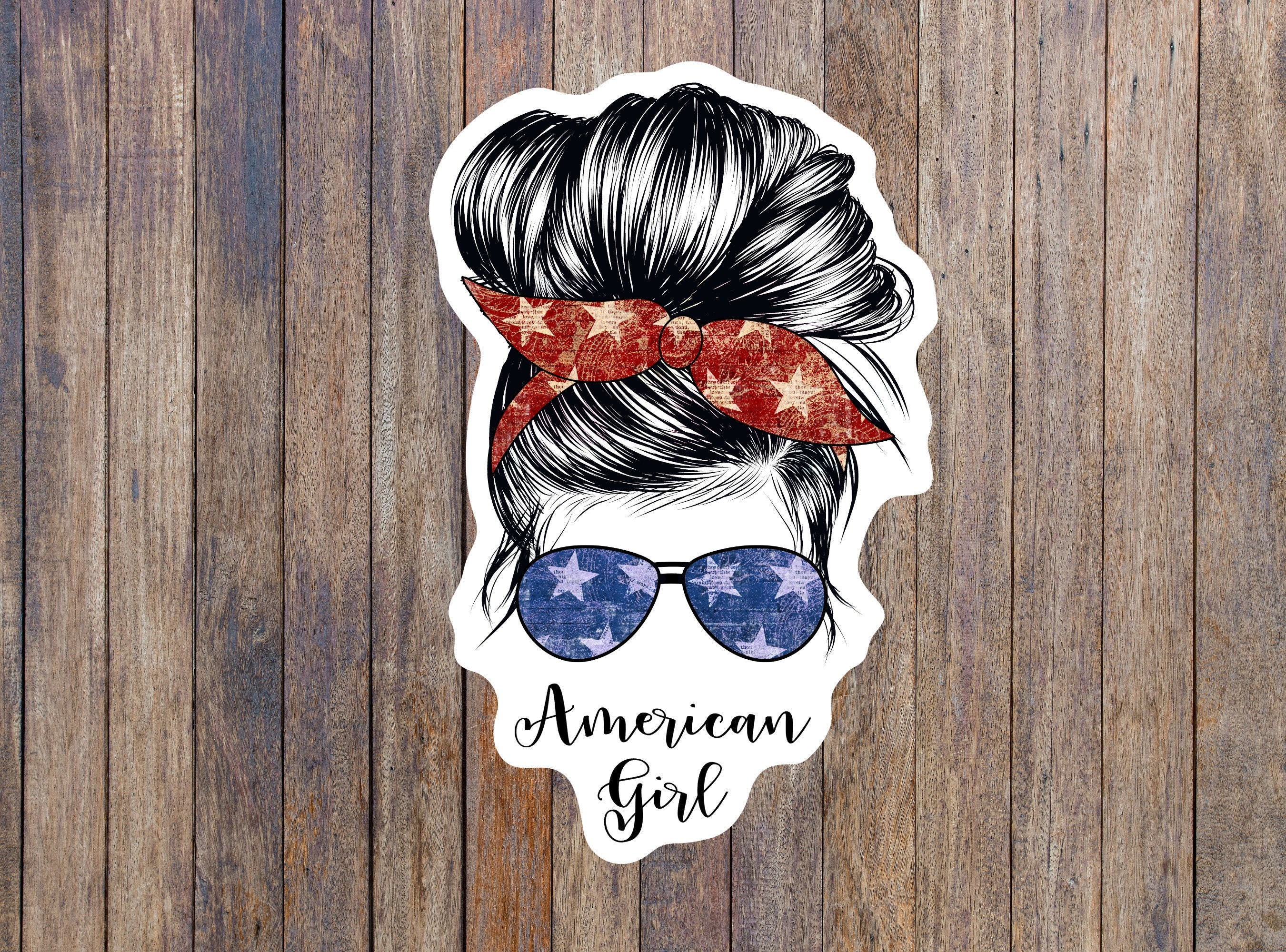 American Girl Sticker, American Girl Patriotic, Messy Bun Skull Sticker