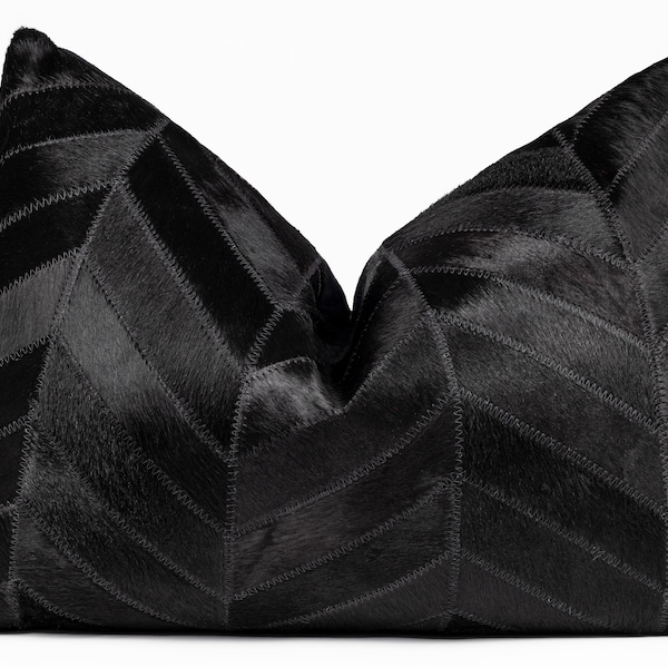 Canvello HANDMADE Geniune Cowhide leather Throw Pillows Black Chevron Patchwork for Sofa, Couch, Chair, WITH Feather Down INSERT - 16x24 in