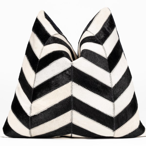 Canvello HANDMADE Geniune Cowhide leather Throw Pillows Black & White Chevron for Sofa, Couch, Chair, WITH Feather Down INSERT - 18x18 in