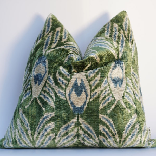 Handmade Throw Pillow Cover & Feather Insert | Velvet IKAT Pillow | Soft Throw Pillow| Luxury Decorative for Couch | 20 x 20 in (50 x 50 cm)