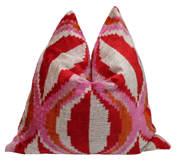 Handmade Feather Insert Velvet Throw Pillow Red Pink 16 x 24 in (40 x 60  cm)