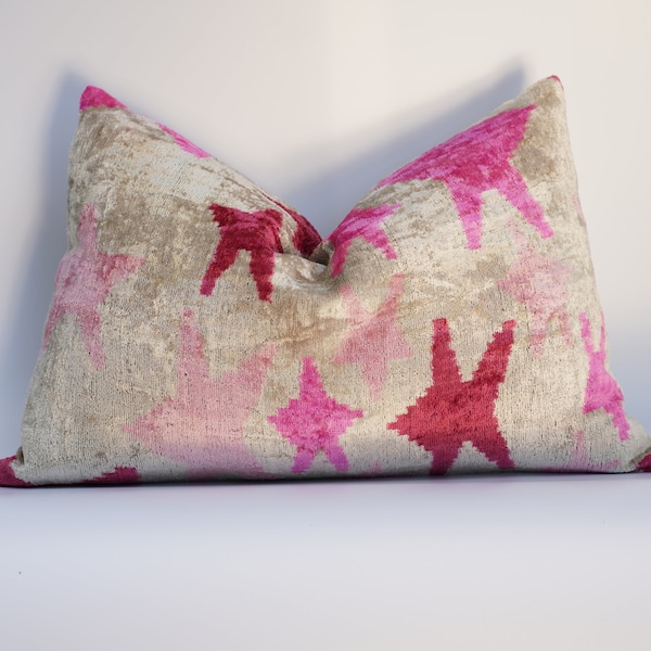 Unique THROW PILLOW, Invisible Zipper, Couch Cushion, Luxury Fabric, Decorative Star Printed Pink Silk VELVET Ikat Lumbar Throw Pillow 16X24