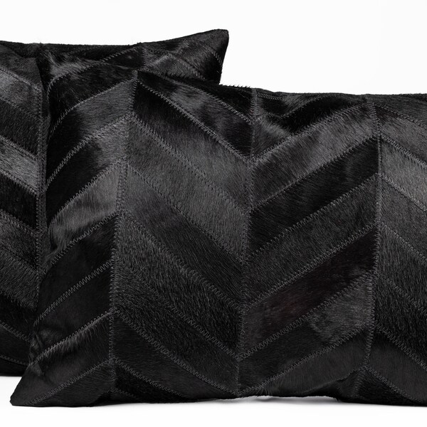 Canvello HANDMADE Geniune Cowhide leather Throw Pillows Black Chevron Patchwork for Sofa, Couch, WITH Feather Down INSERT (18x18 in +16x24in