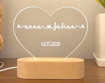 Personalized LED Light, Night Light, Couples Name,Wood Base, Room Light, Valentines Day, Gift for Couple, Wedding Gift