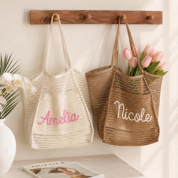 Personalized Beach Tote Bag/ Nylon Mesh Bridesmaid Bag/ Custom Name Tote for Her Women/ Girls Trip Bachelorette Gift Bag/ Beach Travel Bag